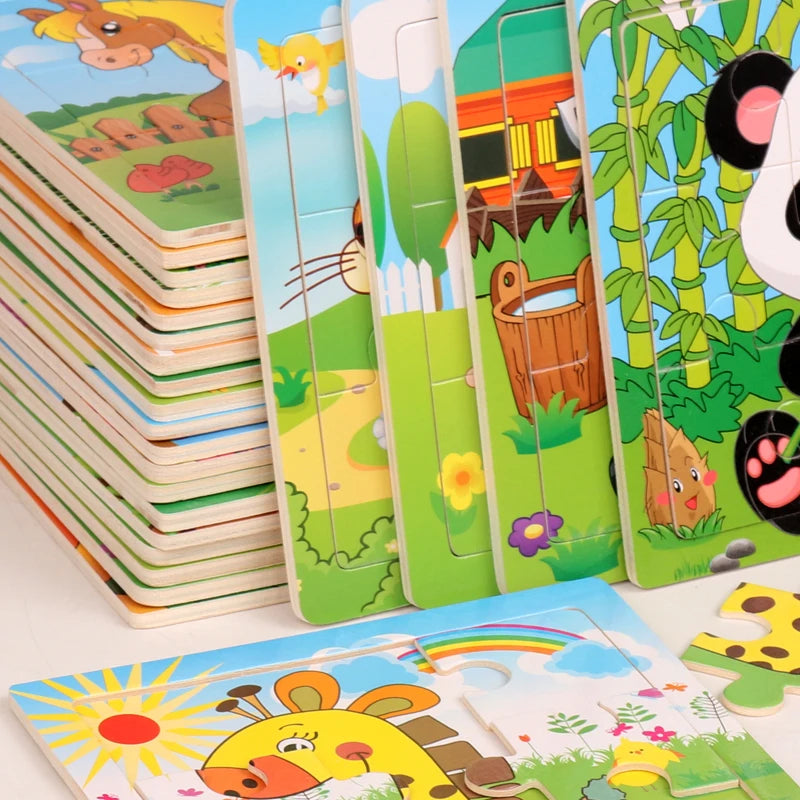 Quebra-Cabeça de Madeira Infantil – Animais e Veículos de Desenho Animado (12/9 Peças)