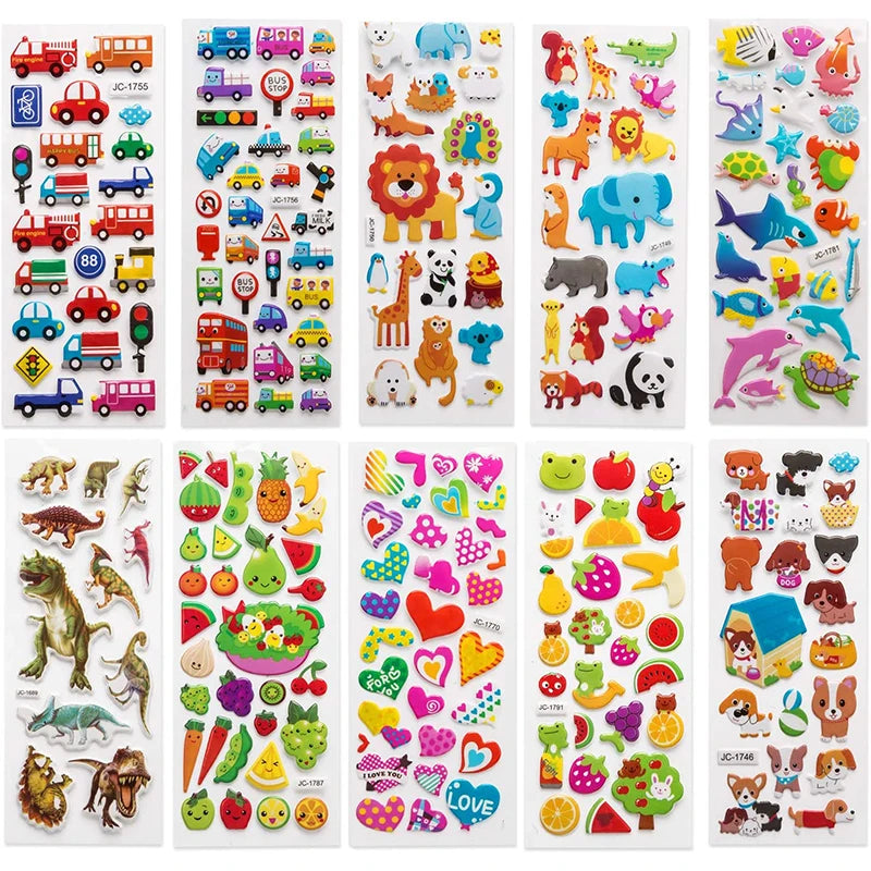 Kit de Adesivos 3D Infantis – 20/8 Folhas de Desenhos Animados Fofos