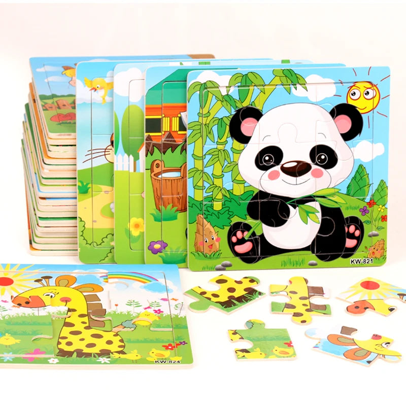 Quebra-Cabeça de Madeira Infantil – Animais e Veículos de Desenho Animado (12/9 Peças)
