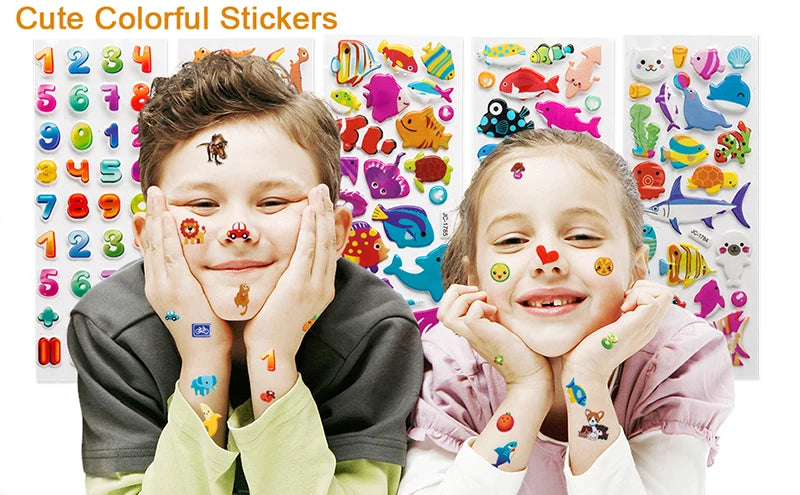 Kit de Adesivos 3D Infantis – 20/8 Folhas de Desenhos Animados Fofos