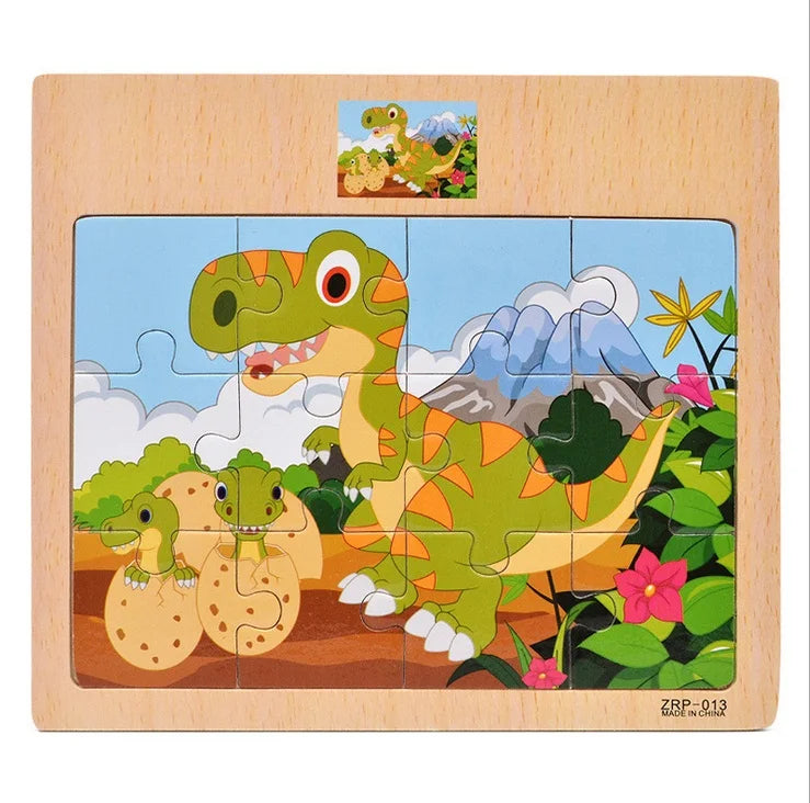 Quebra-Cabeça de Madeira Infantil – Animais e Veículos de Desenho Animado (12/9 Peças)