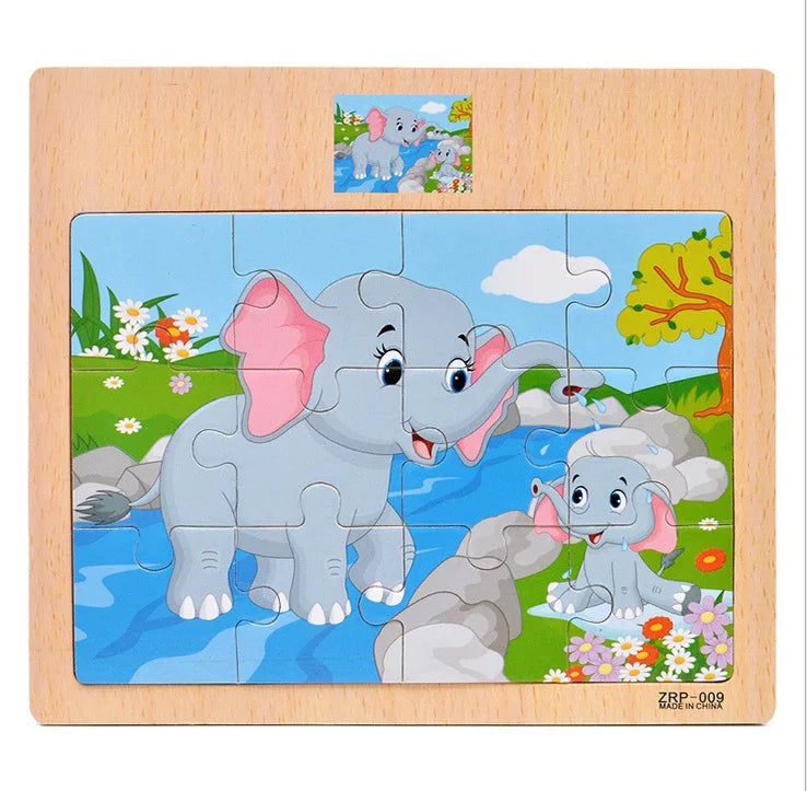 Quebra-Cabeça de Madeira Infantil – Animais e Veículos de Desenho Animado (12/9 Peças)