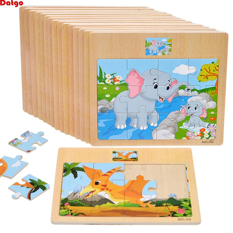 Quebra-Cabeça de Madeira Infantil – Animais e Veículos de Desenho Animado (12/9 Peças)
