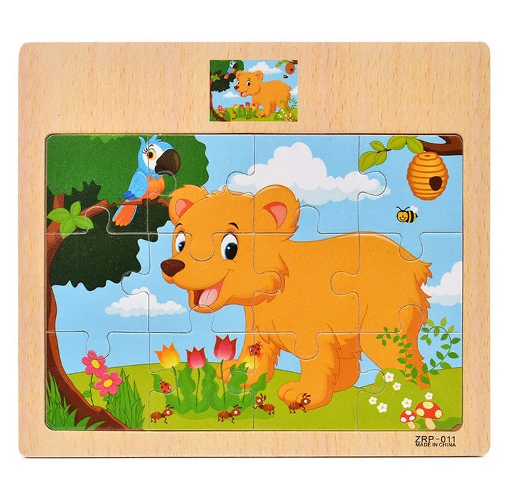 Quebra-Cabeça de Madeira Infantil – Animais e Veículos de Desenho Animado (12/9 Peças)