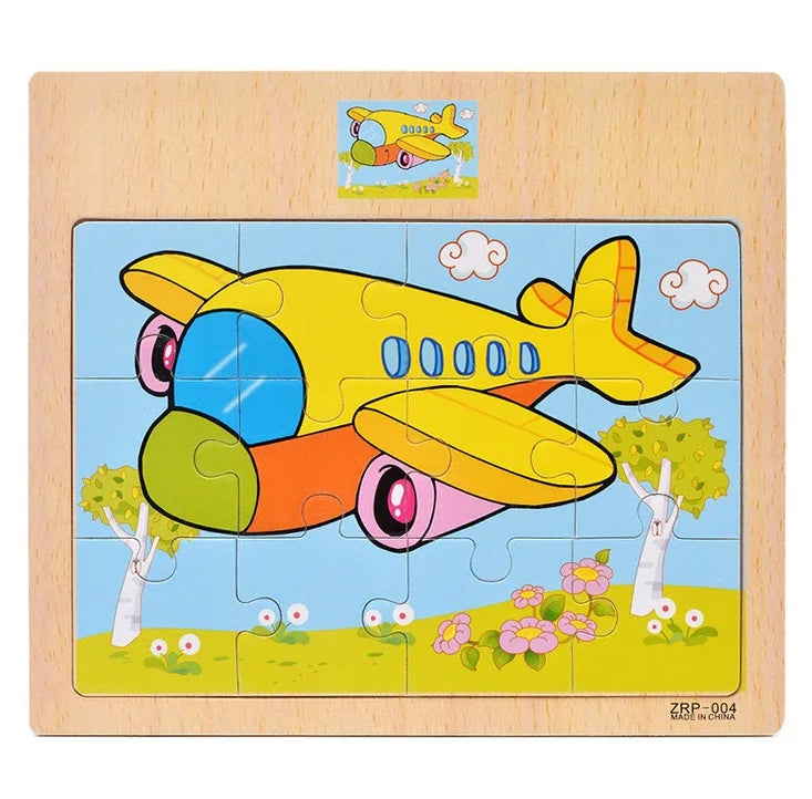 Quebra-Cabeça de Madeira Infantil – Animais e Veículos de Desenho Animado (12/9 Peças)