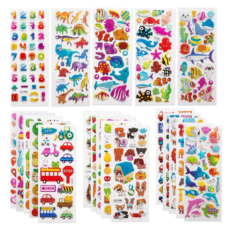 Kit de Adesivos 3D Infantis – 20/8 Folhas de Desenhos Animados Fofos