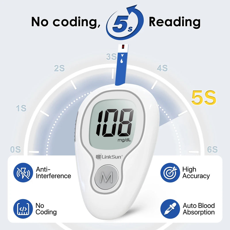 Medidor de glicose no sangue LinkSun G-425-3, 10/50/100 tiras de teste, kit completo para monitoramento de açúcar no sangue para diabetes