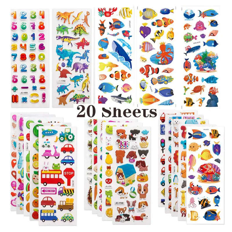 Kit de Adesivos 3D Infantis – 20/8 Folhas de Desenhos Animados Fofos