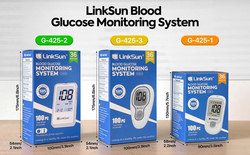 Medidor de glicose no sangue LinkSun G-425-3, 10/50/100 tiras de teste, kit completo para monitoramento de açúcar no sangue para diabetes