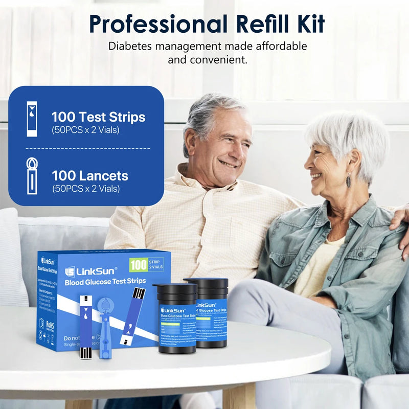 Medidor de glicose no sangue LinkSun G-425-3, 10/50/100 tiras de teste, kit completo para monitoramento de açúcar no sangue para diabetes