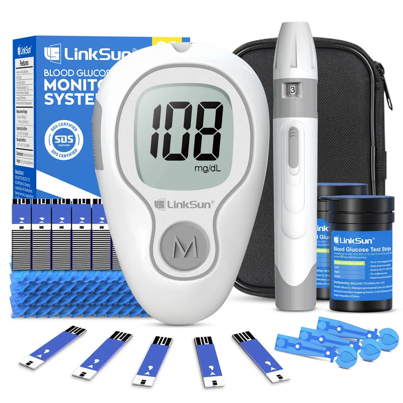 Medidor de glicose no sangue LinkSun G-425-3, 10/50/100 tiras de teste, kit completo para monitoramento de açúcar no sangue para diabetes